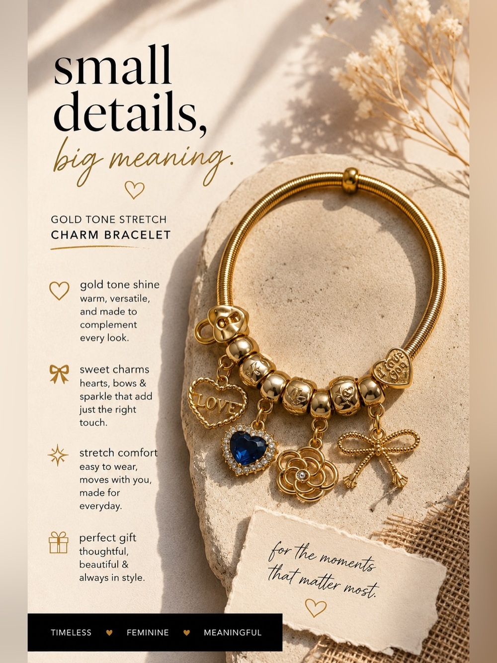 Gold Tone Stretch Charm Bracelet with Blue Heart and Floral Charms